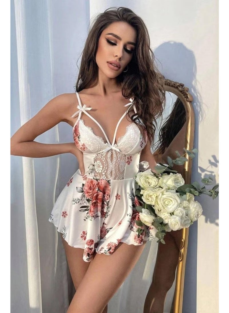 Bella Notte Romantic White Floral Patterned Jumpsuit Nightgown - Image 3